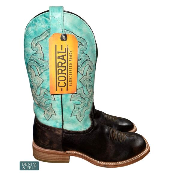 NEW Corral Brown Turquoise Embroidered Western Cowboy Boots Square Toe Rugged 9‎ main image 9